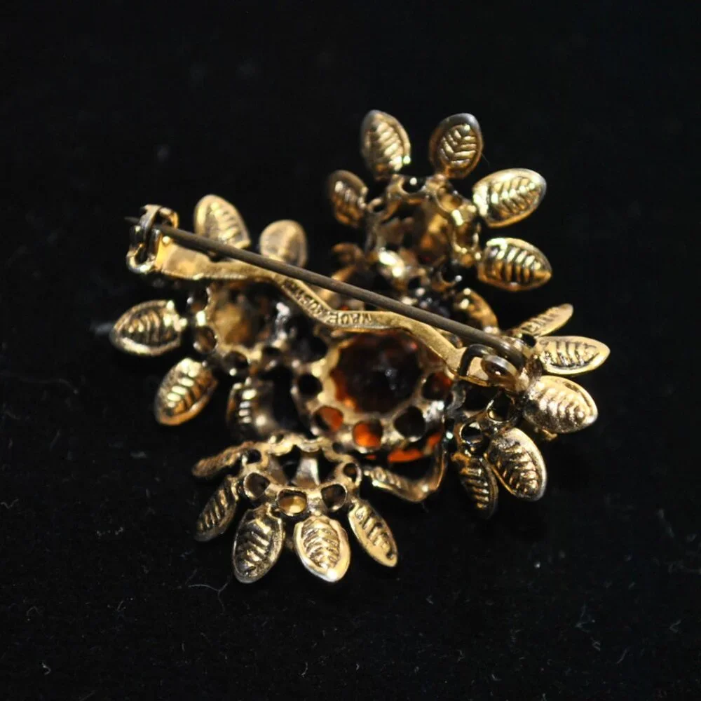 Vintage Floral Brooch with Orange & Green Glass Stones Made in Austria